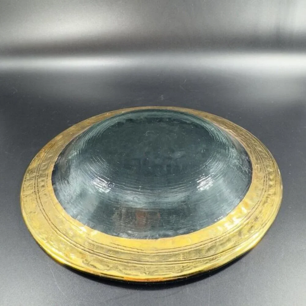 Vintage Italian Hand Made Fused Art Glass Plate Dish Transparent Green With Gold